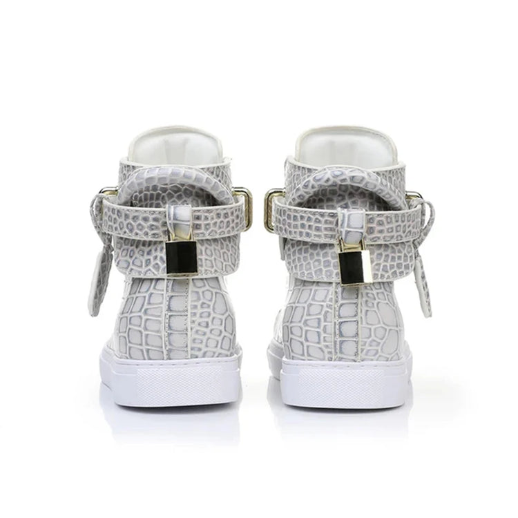 Luxury Designer Men Crocodile Pattern High Top Sneakers Glossy Patent Leather Gold Buckle Lace-up Casual Street Shoes Footwear