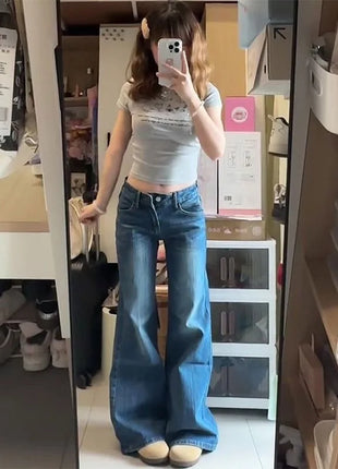 2025 Vintage High Street Jeans a vita bassa Donna Estate All-Match Gamba larga Y2K Pantaloni in deni