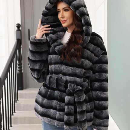 ZADORIN New Stripes Winter Fur Coats Woman Mid Long Hooded Warm Loose Faux Fur Coat For Woman Elegant Belted Fluffy Fur Jacket