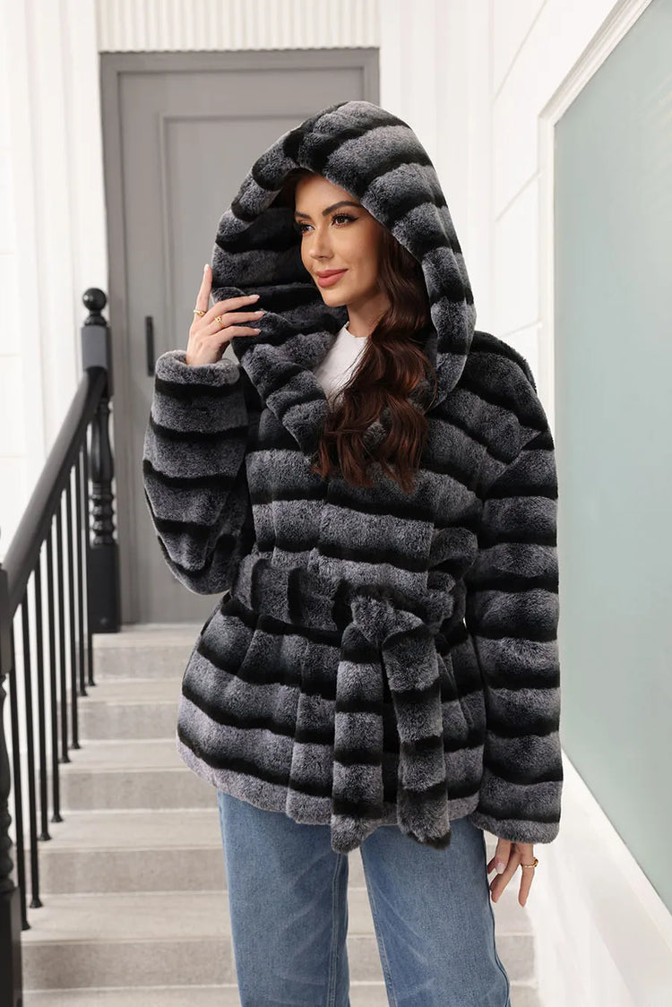 ZADORIN New Stripes Winter Fur Coats Woman Mid Long Hooded Warm Loose Faux Fur Coat For Woman Elegant Belted Fluffy Fur Jacket