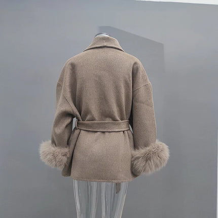 Elegant OL Office Lady Overcoats Fur Patchwork Long Sleeve Woolen Coat Beautiful Women's Clothing Jacket Autumn 2025 Spring
