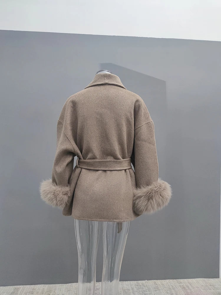 Elegant OL Office Lady Overcoats Fur Patchwork Long Sleeve Woolen Coat Beautiful Women's Clothing Jacket Autumn 2025 Spring