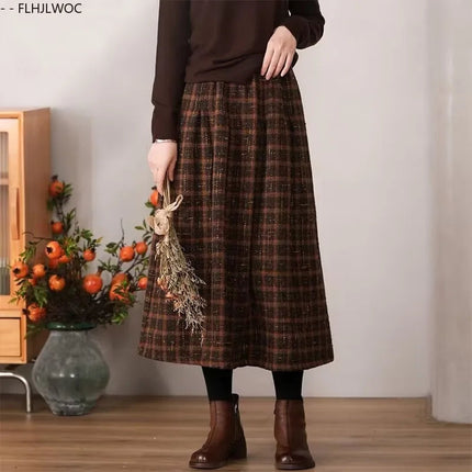 Art Mori Girls Woolen Skirts New 2025 Autumn Winter Basics Woman Cute Sweet Japanese Preppy Style Retro Vintage Long Plaid Skirt PlatiNum