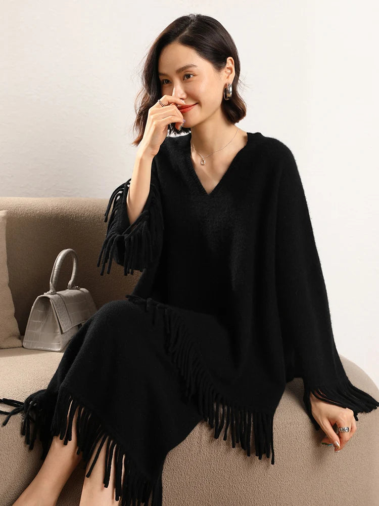 Women's Tassels Long Skirts Autumn Winter 100% Cashmere Knitwear Soft Warm Retro Casual Clothing Versatile Hide Fat Make Slim PlatiNum
