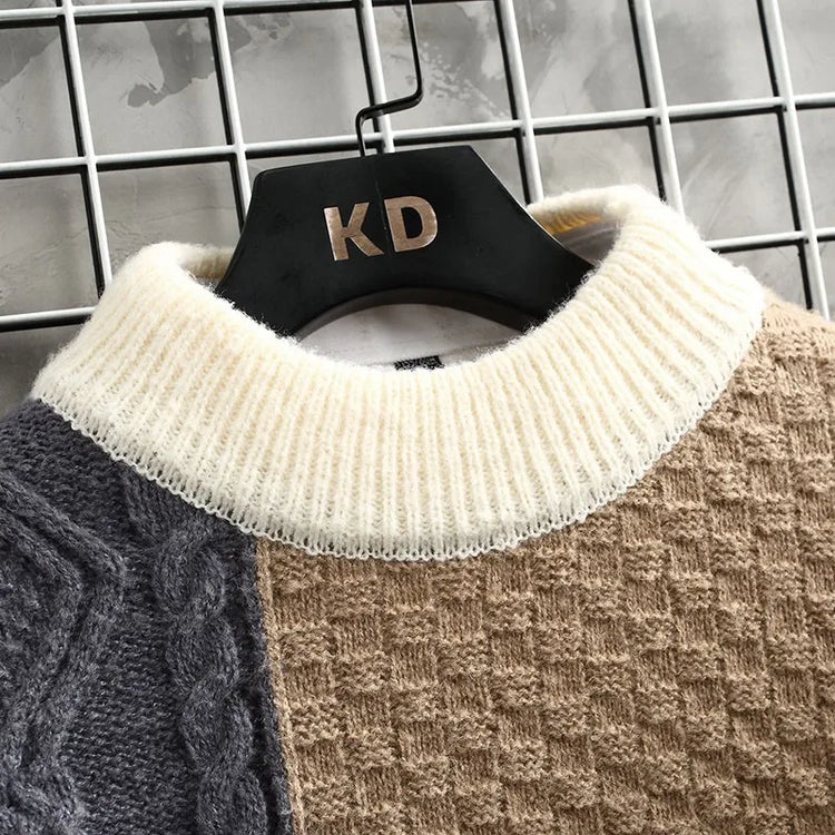 Fashion Mens Warm Knitted Sweaters Patchwork O Neck Knit Pullovers Autumn Winter Korean Streetwear Pullover Casual Mens Clothing
