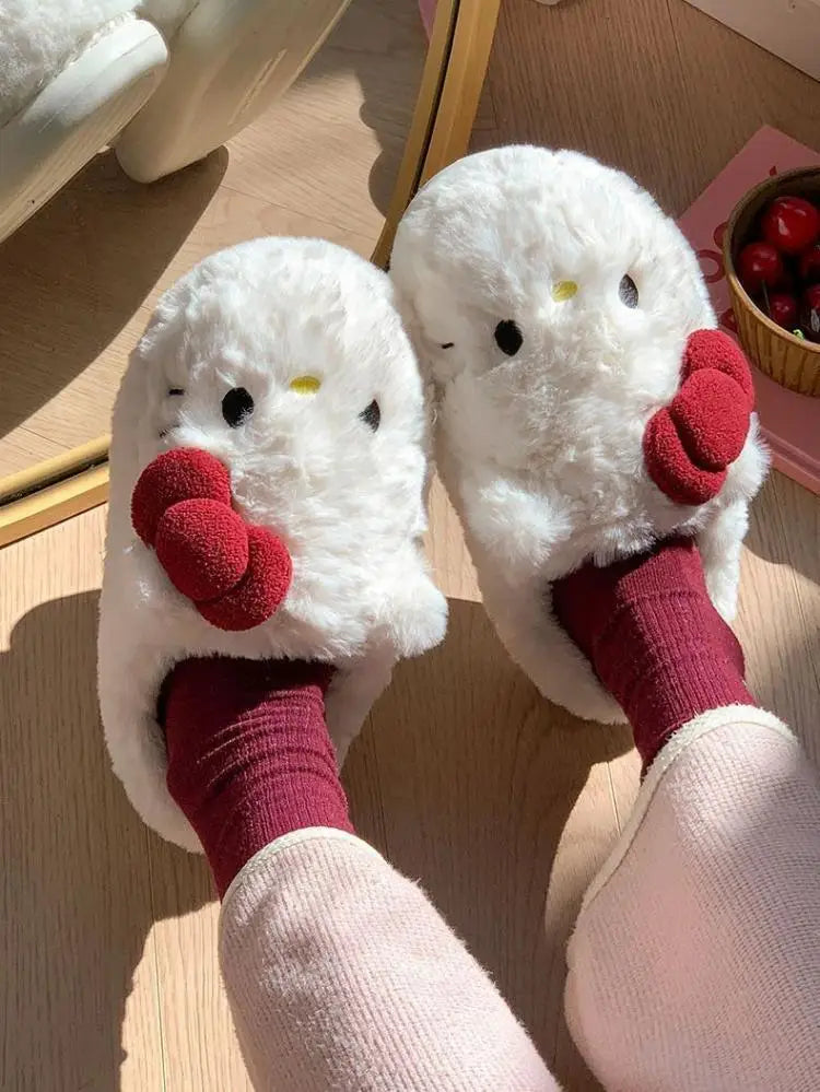 San-Rio Cute Girls Plush Slippers Cartoon Hello Kitty Winter Women Warm Cotton Shoes Female Kawaii Home Thick Sole Shoes Outdoor