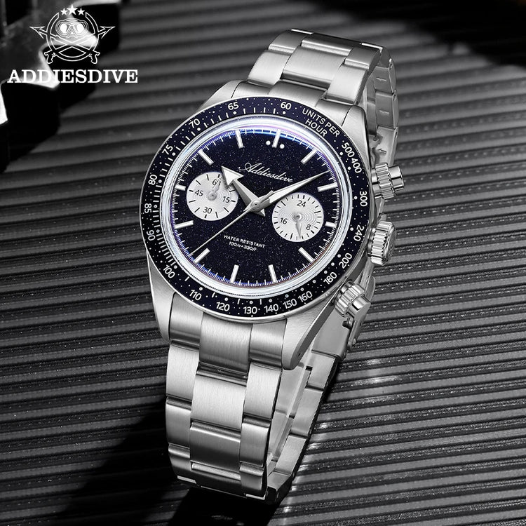 ADDIESDIVE New Quartz Watch Luxury VK64 Chronograph Men Wristwatches BGW9 Luminous Diving 100m Waterproof 316L Stainless Steel