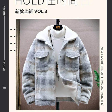 Retro Men's Woolen Coat Winter Add Velvet Keep Warm Jackets Classic Plaid Print Loose Casual Trench Blends Jacket Men Clothing