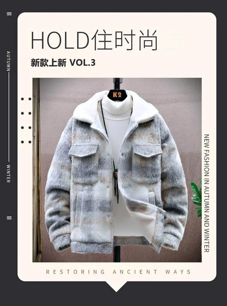 Retro Men's Woolen Coat Winter Add Velvet Keep Warm Jackets Classic Plaid Print Loose Casual Trench Blends Jacket Men Clothing