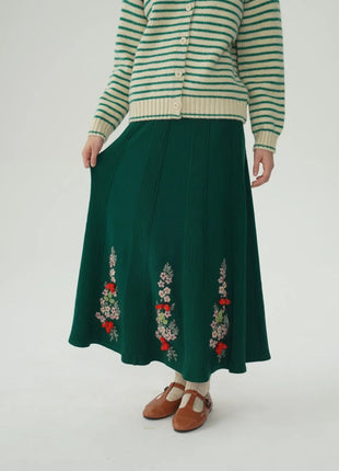 62-96cm Waist Fall Winter Long Skirts Women Elegant Handmade Embriodery Crochet Red Fruit Cashmere Wool Knitted Emerald Skirts PlatiNum