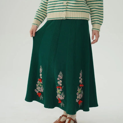 62-96cm Waist Fall Winter Long Skirts Women Elegant Handmade Embriodery Crochet Red Fruit Cashmere Wool Knitted Emerald Skirts PlatiNum