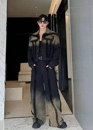 LUZHEN Denim American Sets Gradient Burr Personalized Tassel High Street Wornout Fashion Straight Jeans Retro Two Piece LZ9010 PlatiNum