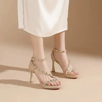 Sandali Estivi da Donna con Rivetti Colorati, Punta Tonda, Tacco Sottile 9cm, Cinturino alla Caviglia, Fascia Stretta Dritta, Scarpe Eleganti da Donna platinumshop