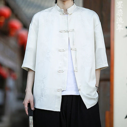 Camicia cinese da uomo con foglie di bambù floreali scuri Seta di ghiaccio Estate Confortevole e traspirante Stile retrò Camicie larghe alla moda da uomo Top