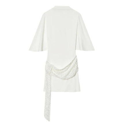 HH 2026 Abito Corto Elegante da Donna Bianco con Maniche Corte, Schiena Scoperta e Decorazioni in Paillettes, Mini Abito Sexy alla Moda per Feste platinumshop