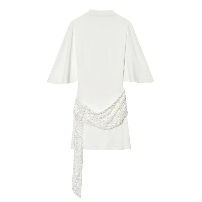 HH 2026 Abito Corto Elegante da Donna Bianco con Maniche Corte, Schiena Scoperta e Decorazioni in Paillettes, Mini Abito Sexy alla Moda per Feste platinumshop