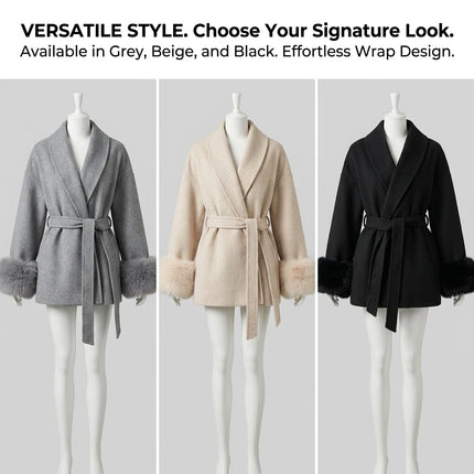 Women's Woolen Coat with Faux Fur Cuffs Belted Waist Short Autumn Winter Wrap Jacket