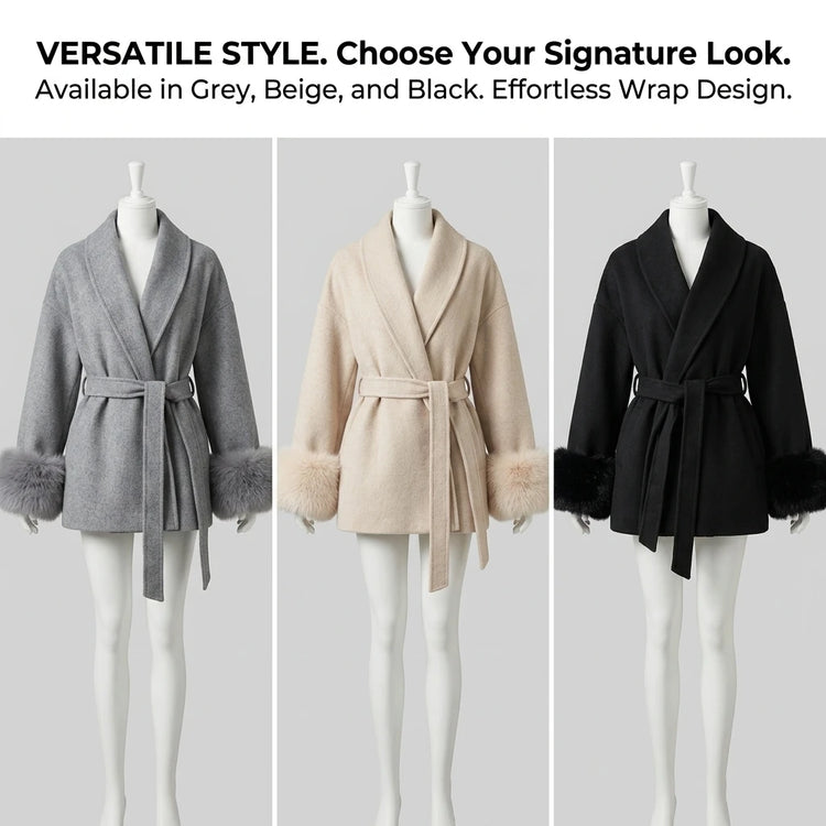 Women's Woolen Coat with Faux Fur Cuffs Belted Waist Short Autumn Winter Wrap Jacket