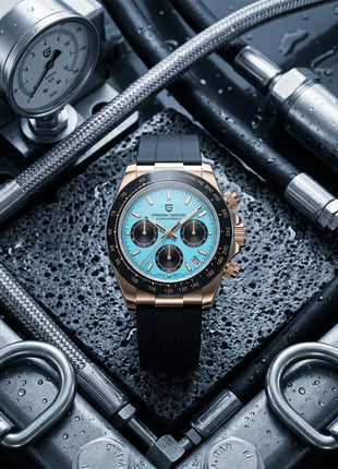 PAGANI DESIGN Cronografo da uomo Orologio da polso al quarzo di lusso in oro rosa 40mm Quadrante blu ghiaccio Vetro zaffiro 100M Impermeabile Cinturino in caucciù Orologio sportivo da uomo per uomo Reloj Hombre+GIFT BOX