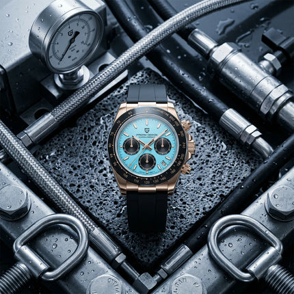 PAGANI DESIGN Cronografo da uomo Orologio da polso al quarzo di lusso in oro rosa 40mm Quadrante blu ghiaccio Vetro zaffiro 100M Impermeabile Cinturino in caucciù Orologio sportivo da uomo per uomo Reloj Hombre+GIFT BOX