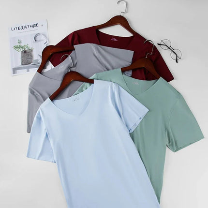 2024 Men's Thin Short Sleeve Ice Silk Without Summer Solid Color T Shirt Trace Slim V-neck Bottoming Seamless Short Sleeve PlatiNum