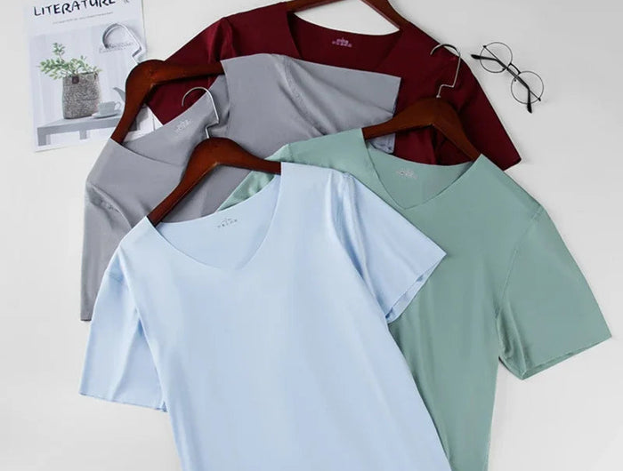 2024 Men's Thin Short Sleeve Ice Silk Without Summer Solid Color T Shirt Trace Slim V-neck Bottoming Seamless Short Sleeve PlatiNum