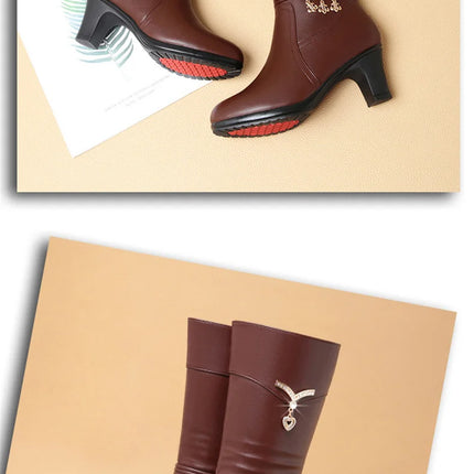Women Comfortable Fleece Medium Boots Autumn Winter New Style Thick Heel Side Zipper Pointed Fashion High Heels Boots Elegant