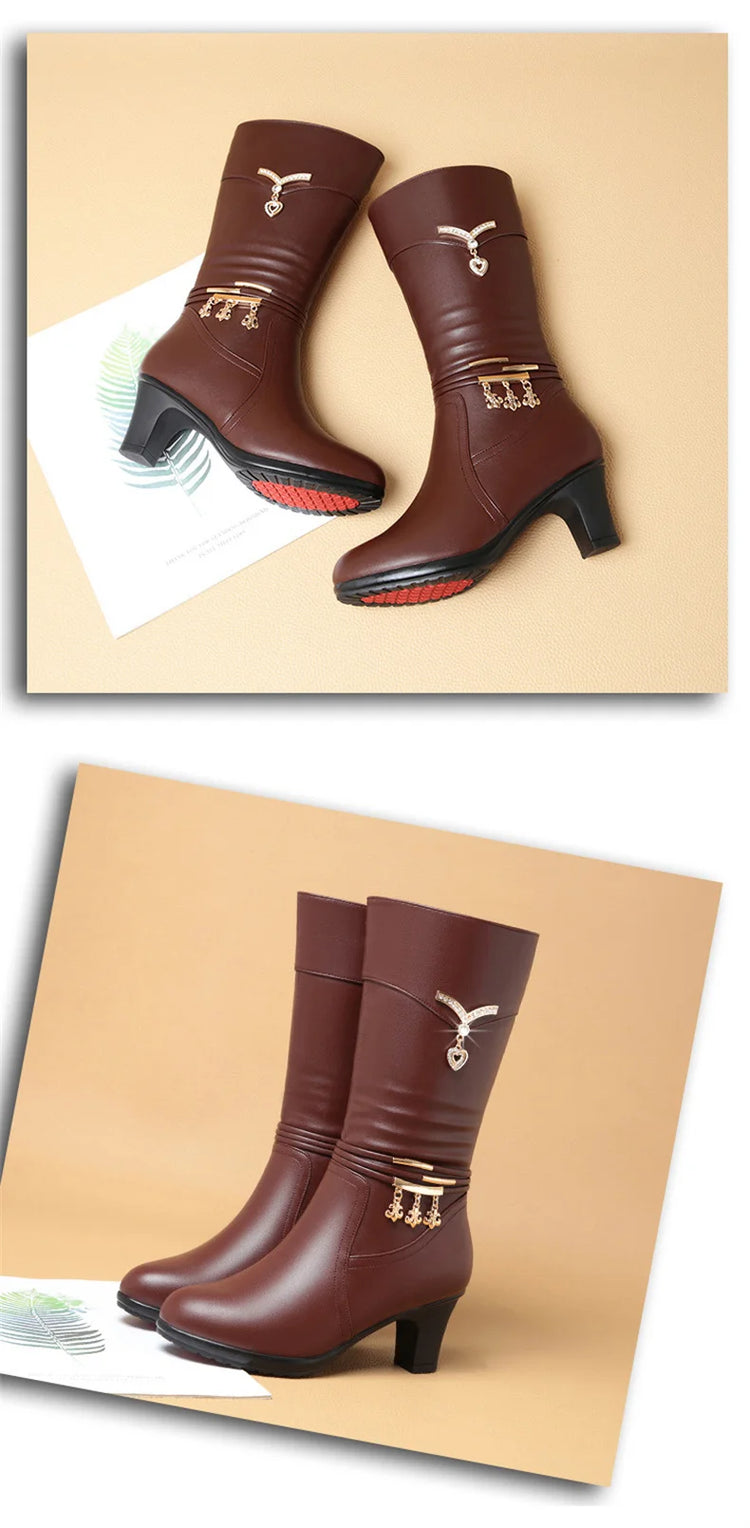 Women Comfortable Fleece Medium Boots Autumn Winter New Style Thick Heel Side Zipper Pointed Fashion High Heels Boots Elegant