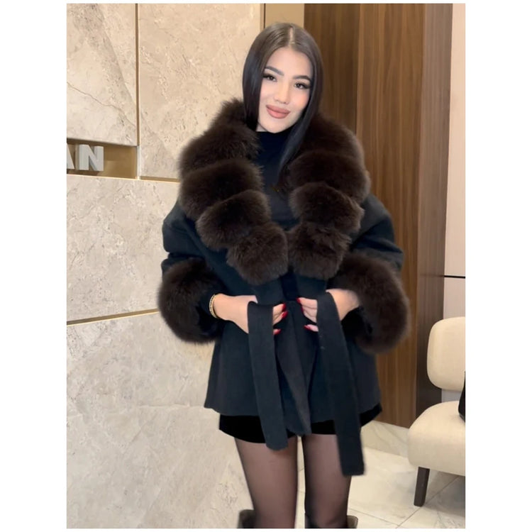 Solid Color Big Fur Collar Tied Woolen Jacket Fashion Waist Cinching Long Sleeved Short Coat 2026 Autumn Street Daily Clothing