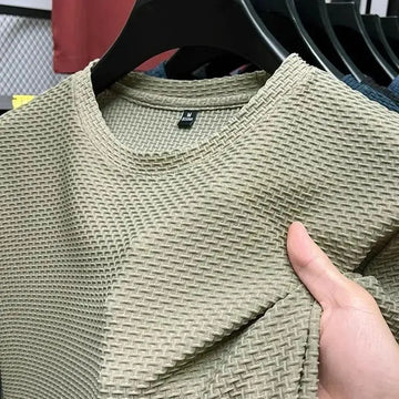 Men's Short Sleeve Mesh Bamboo Ice Silk T-shirt Casual Versatile Summer Elastic Slimming Top for Men PlatiNum
