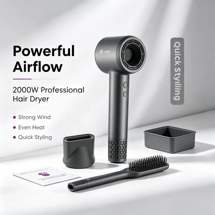 High Speed Hair Dryer 1600W Brushless Blow Dryer 110000RPM Low Noise 57dB Negative Ion Cold Shot Compact Styling Tool With Concentrator Nozzle For Home Salon