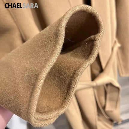 High Quality Women's Autumn Winter New Double-Sided 100% Wool Coat Fashion Belt Long Sleeves Pockets Elegance Overcoats Ladies