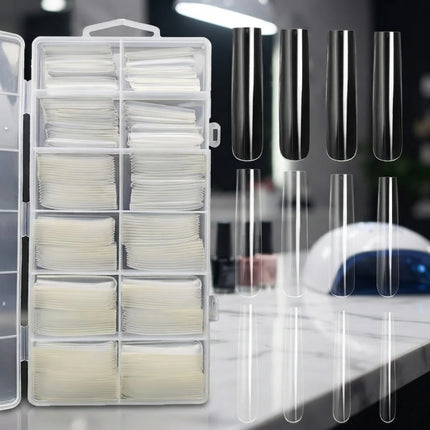 240Pcs Clear Extra‑Long Square Full‑Cover False Nail Tips 12 Sizes Press‑On Fake Nails For Nail Art DIY Supplies