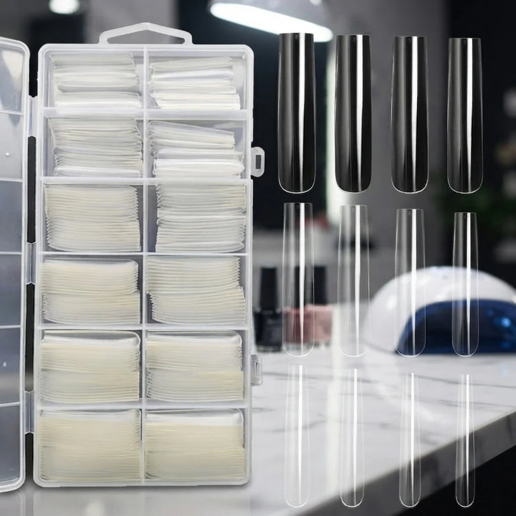 240Pcs Clear Extra‑Long Square Full‑Cover False Nail Tips 12 Sizes Press‑On Fake Nails For Nail Art DIY Supplies