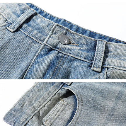 New vintage casual loose fit men's jeans with high street style straight leg denim pants for teenagers, torn knees and damaged PlatiNum