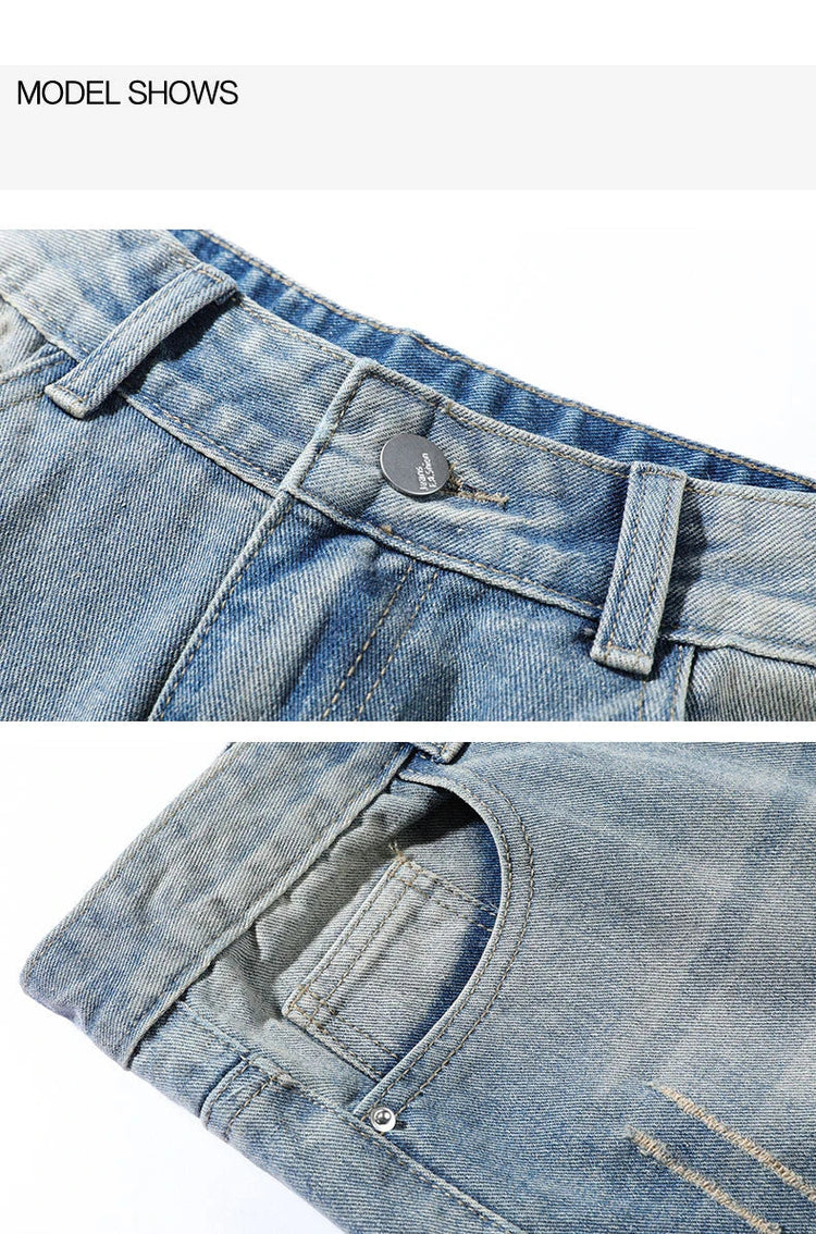 New vintage casual loose fit men's jeans with high street style straight leg denim pants for teenagers, torn knees and damaged PlatiNum