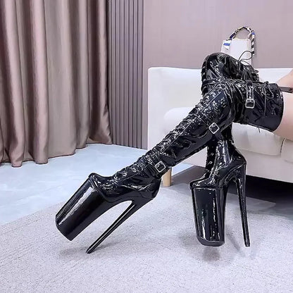 CACA 26cm Extreme High Heels Women Thigh High Boots,Fetish Platform Booties,Buckles Botas,Men Cosplay Shoes,Black,Red,Dropship