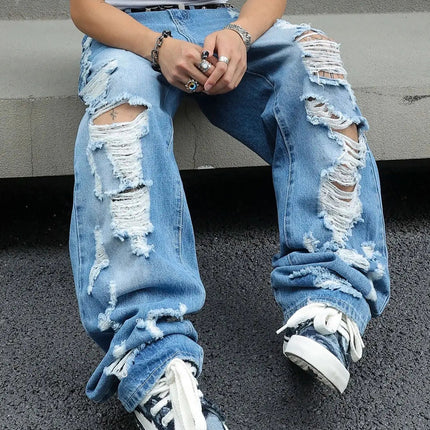 Men's Ripped Baggy Jeans Loose Fit Distressed Denim Pants Light Wash Y2K Streetwear Wide Leg Style PlatiNum