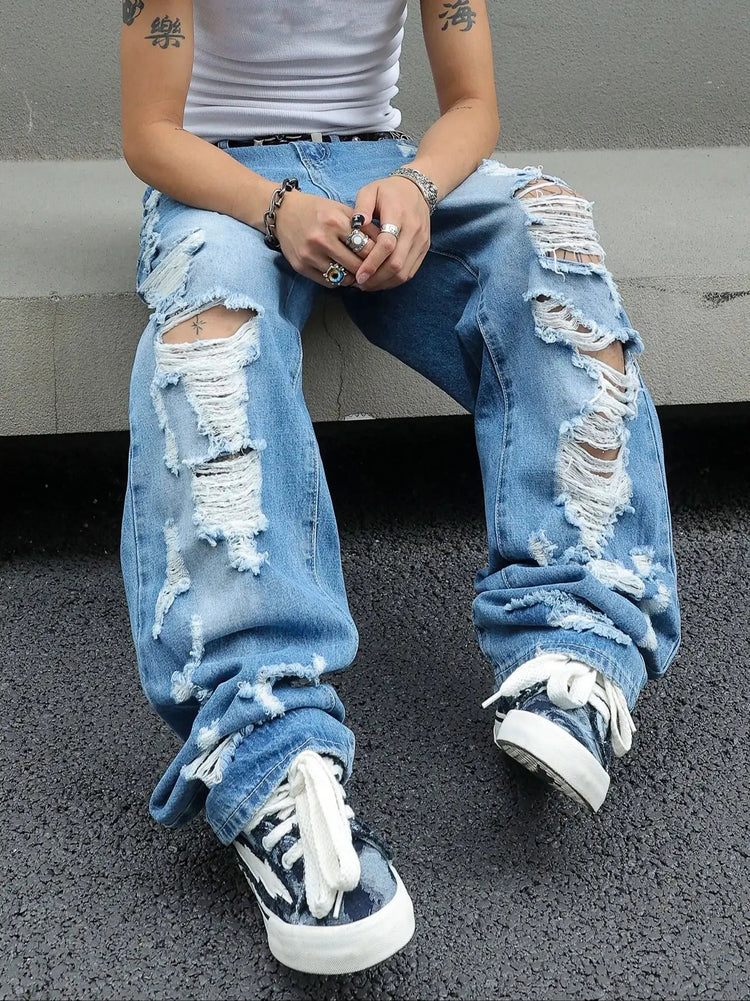Men's Ripped Baggy Jeans Loose Fit Distressed Denim Pants Light Wash Y2K Streetwear Wide Leg Style PlatiNum