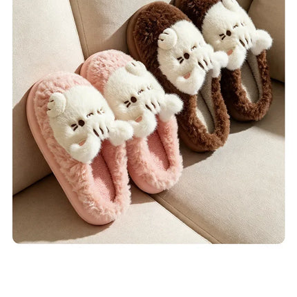Women's Cute Cat Plush Cotton Slippers Autumn & Winter Home Anti Slip Thick Bottom Cotton Slippers Soft and Warm Indoor Slippers