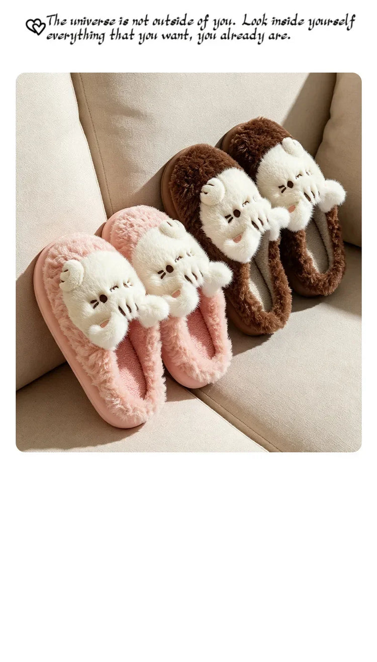 Women's Cute Cat Plush Cotton Slippers Autumn & Winter Home Anti Slip Thick Bottom Cotton Slippers Soft and Warm Indoor Slippers