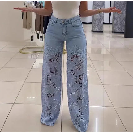 Jeans a Vita Alta e Gamba Larga, Pantaloni Estivi alla Moda con Inserti in Pizzo, Jeans in Denim Traforato e Drappeggiato, Jeans da Donna in Cotone con Cerniera per Primavera