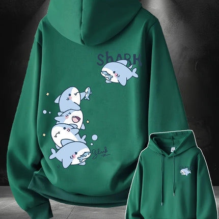 2026 Hoodie men's cute stacked cartoon shark pattern print autumn and winter loose casual pullover sweatshirt