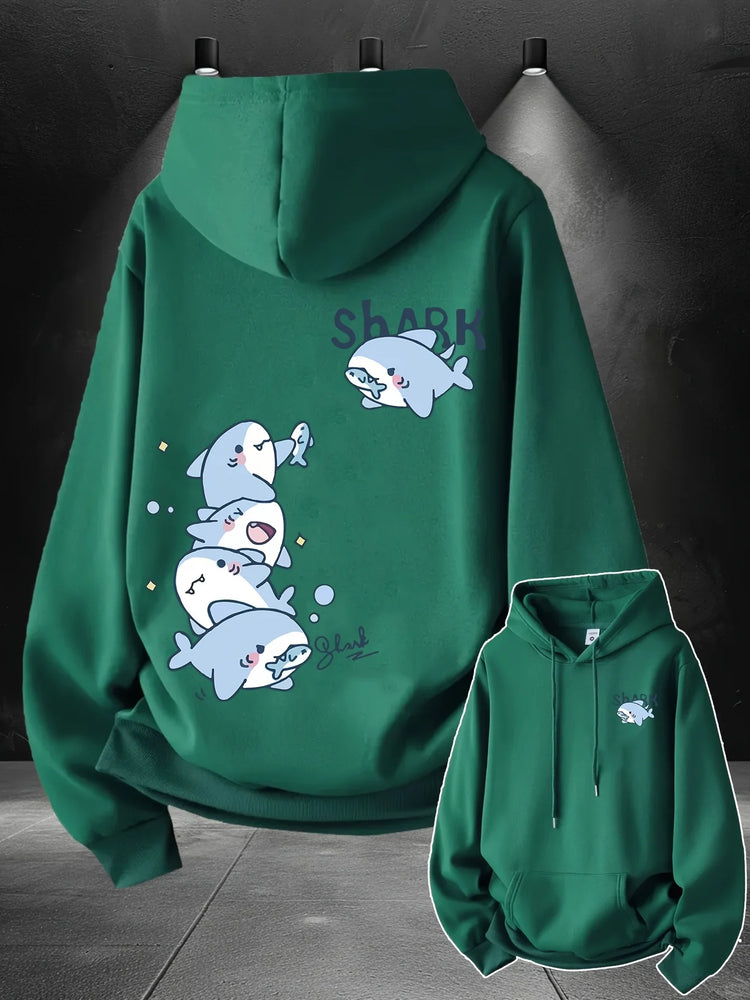 2026 Hoodie men's cute stacked cartoon shark pattern print autumn and winter loose casual pullover sweatshirt