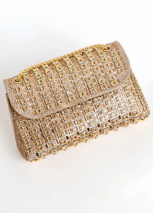 Fashionable Retro Diamond Studded Gold Chain Women's Crossbody Bag Handbag Dinner Bag Underarm Bag Single Shoulder Bag PlatiNum