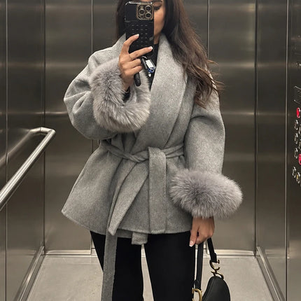 Tossy Fox Fur Wool Overcoat Women's Short Coat Office Lady Elegant Double-sided Woolen Coat 2025 New Cardigan Jackets Loose Wool