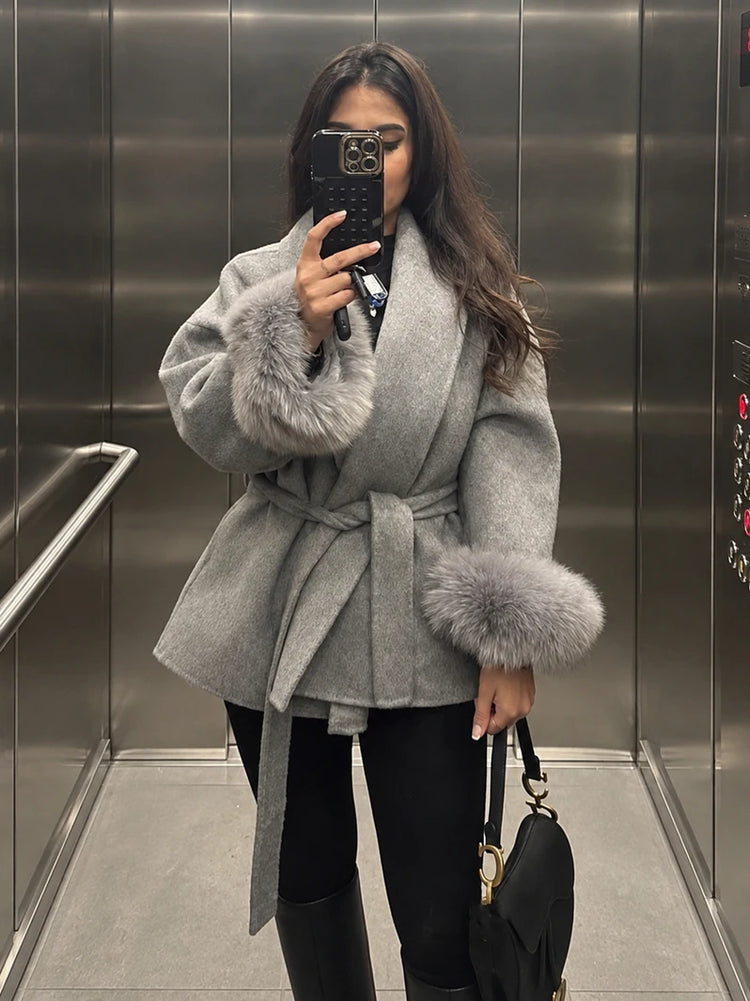 Tossy Fox Fur Wool Overcoat Women's Short Coat Office Lady Elegant Double-sided Woolen Coat 2025 New Cardigan Jackets Loose Wool