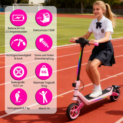 Monopattino elettrico leggero per bambini con luci, autonomia massima di 15/7/6 km, 2/3 modalità (8-16 km/h), per bambini dai 6 ai 14 anni, monopattino elettrico pieghevole da 6,5 pollici con 3 livelli di illuminazione