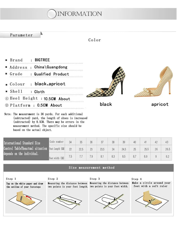 BIGTREE Scarpe 2026 Primavera Donna Pompe Catena di metallo perlato Tacchi alti Grana a quadri Tacchi a spillo Tacchi da donna Scarpe da banchetto di lusso 43 platinumshop
