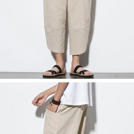 Pantaloni Estivi da Uomo 2026 Stile Cinese in Cotone e Lino, Pantaloni Harem Traspiranti da Spiaggia, Pantaloni Casual a Tre Quarti, Streetwear